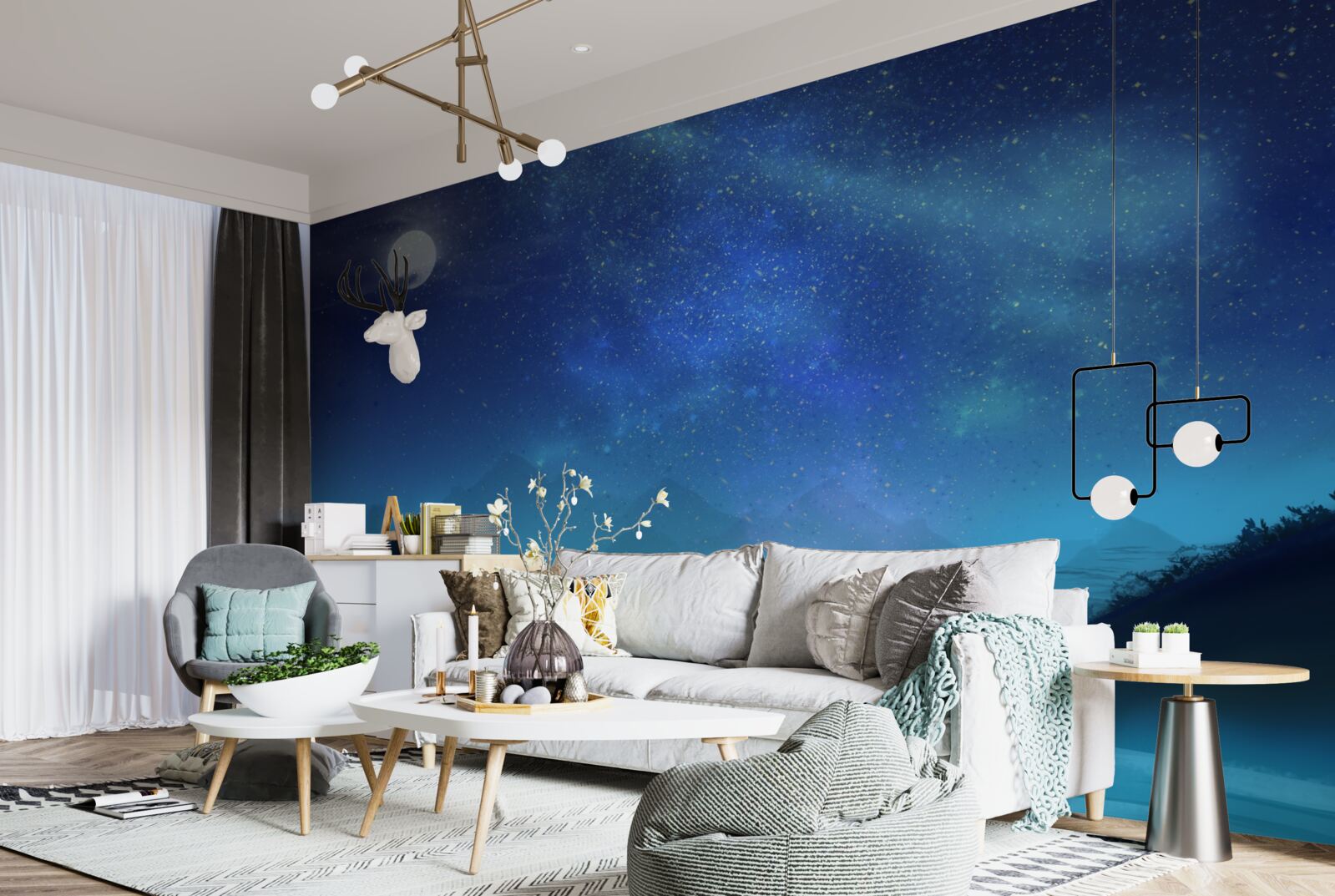 Fototapeta północny blask i gwiaździste niebo nad szczytami górskimi