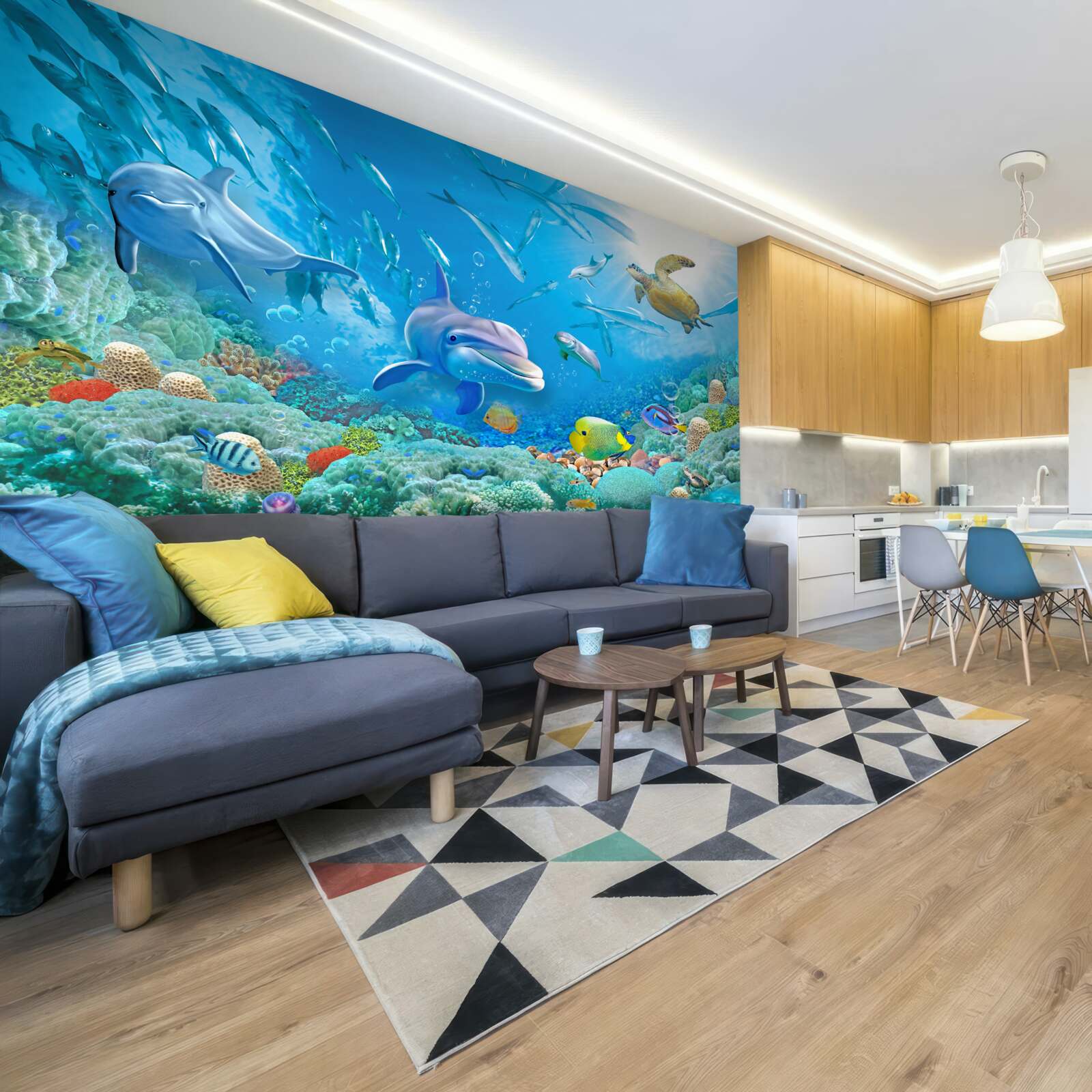 Fototapeta królestwo morskie z rybami, żółwiami i delfinami