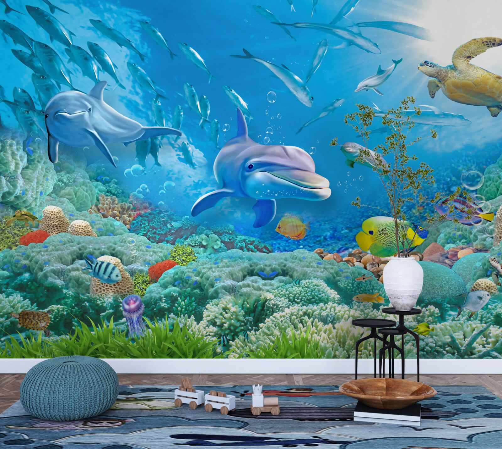 Fototapeta królestwo morskie z rybami, żółwiami i delfinami