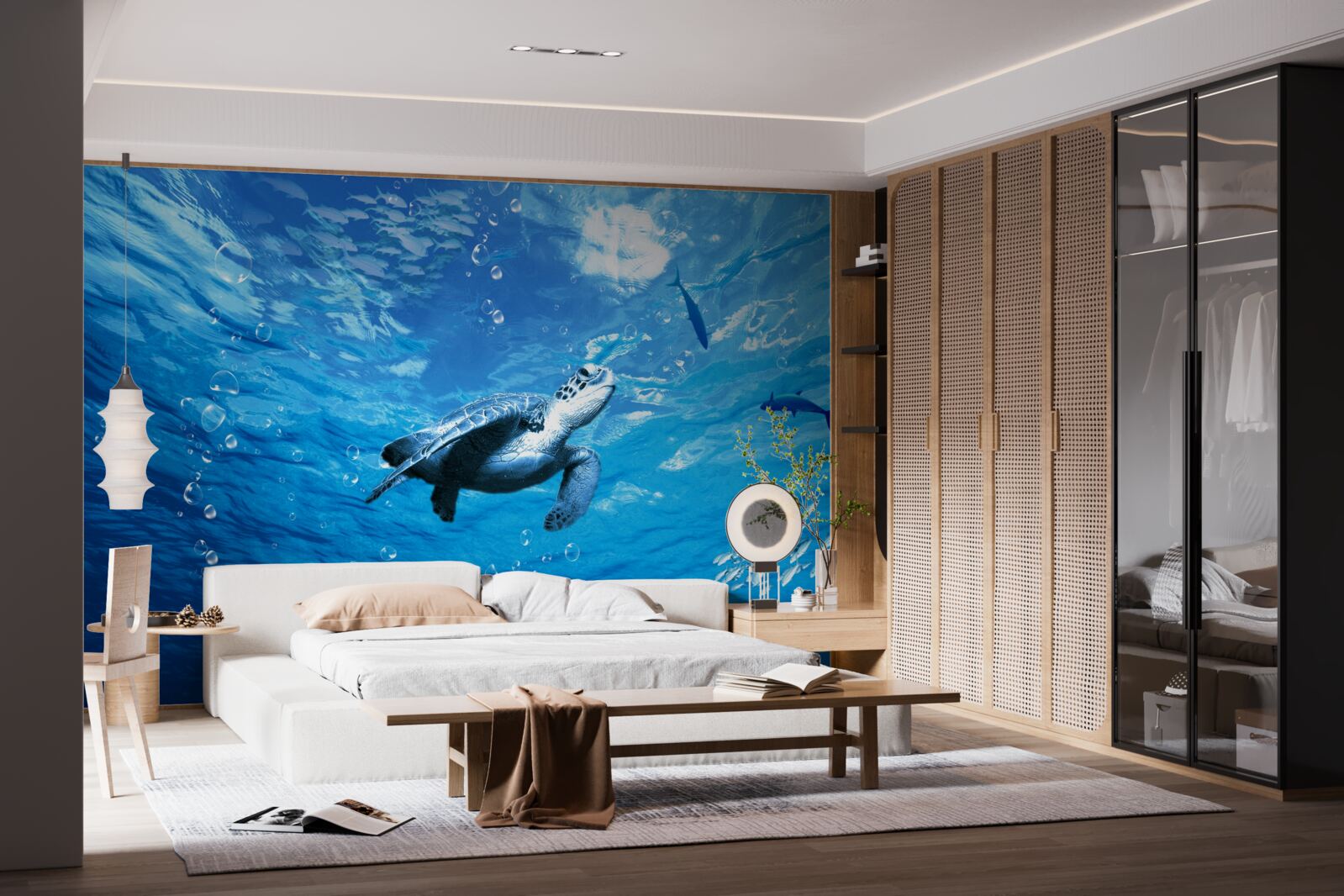 Fototapeta błękitne morze ozdobione jest żółwiem morskim