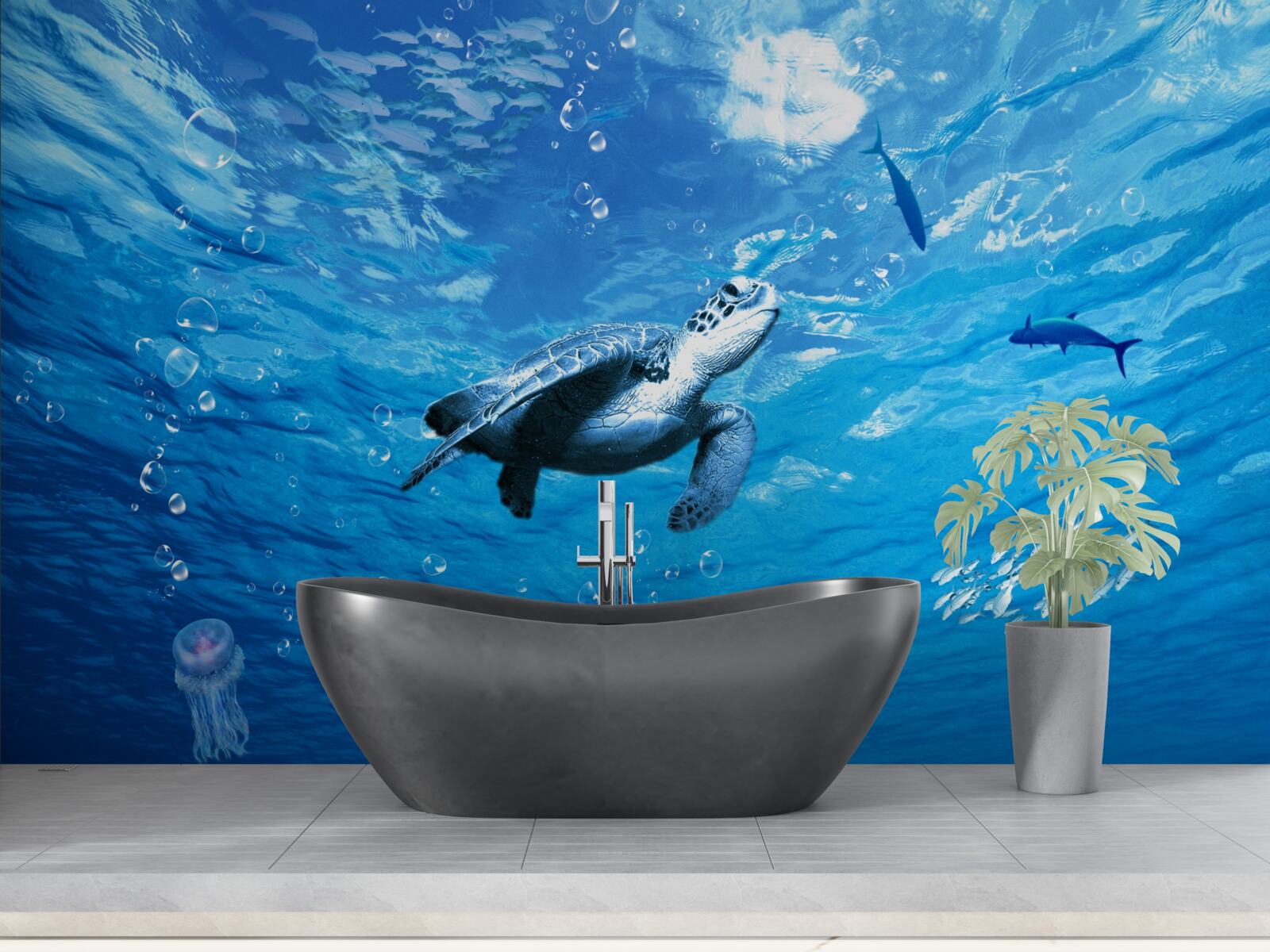 Fototapeta błękitne morze ozdobione jest żółwiem morskim