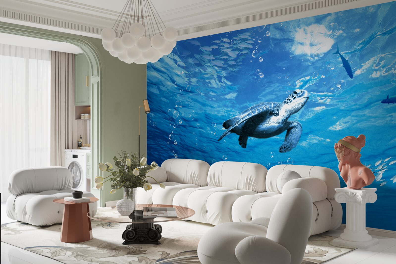 Fototapeta błękitne morze ozdobione jest żółwiem morskim