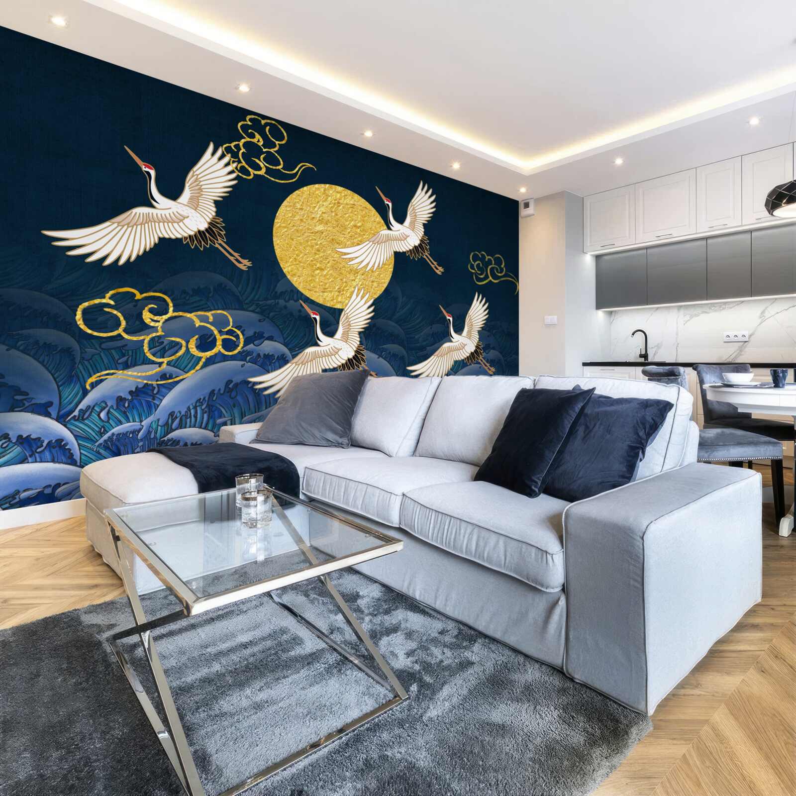 Fototapeta grupa żurawi kieruje się w stronę ich domu