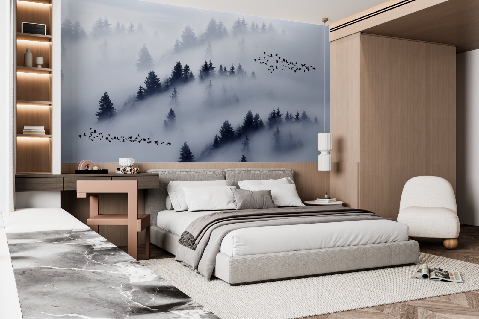 Fototapeta las iglasty spowija gęsta mgła