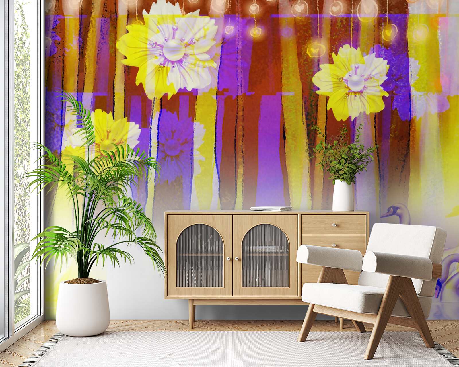 Fototapeta kwiaty łabędziobiałe i łabędzie unoszące się na wodzie