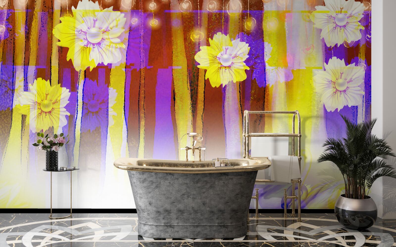 Fototapeta kwiaty łabędziobiałe i łabędzie unoszące się na wodzie