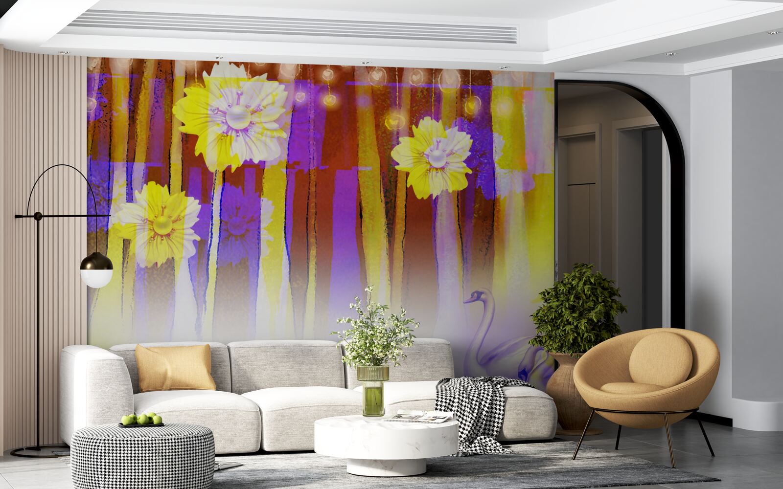 Fototapeta kwiaty łabędziobiałe i łabędzie unoszące się na wodzie