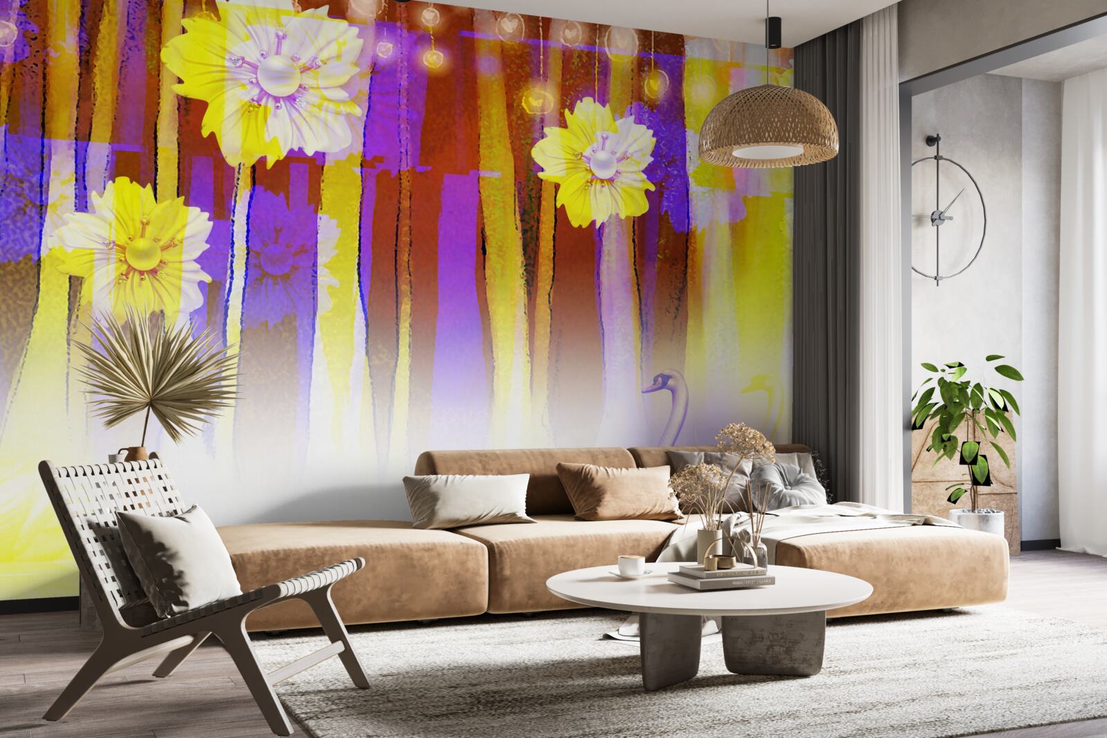 Fototapeta kwiaty łabędziobiałe i łabędzie unoszące się na wodzie