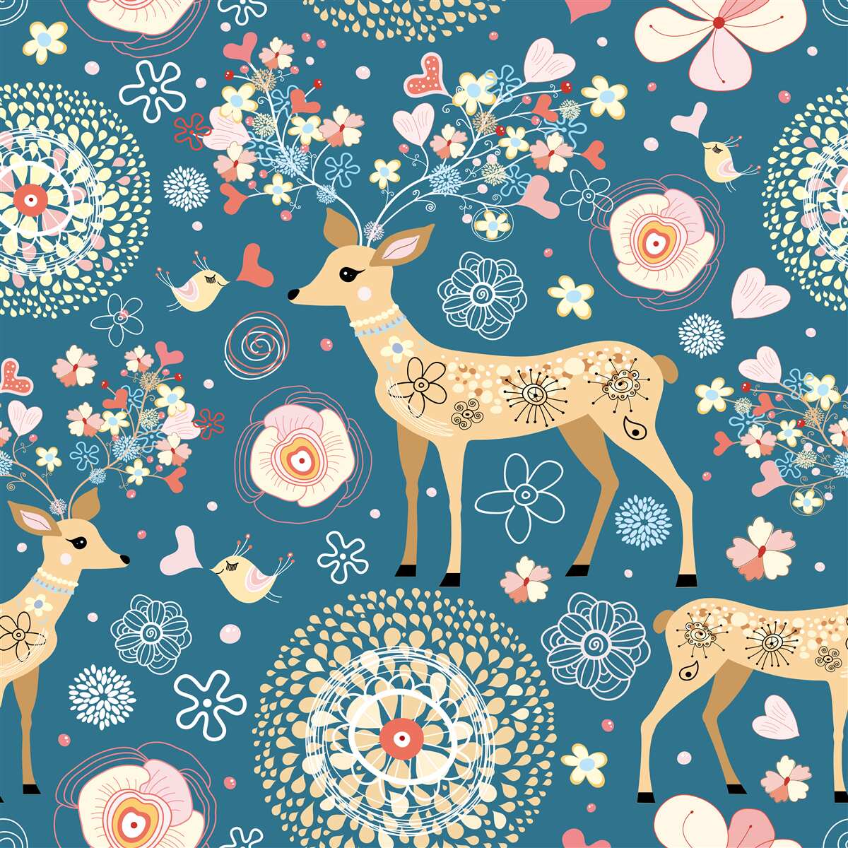 Fototapeta ptaki i jelenie otoczone kwiatami