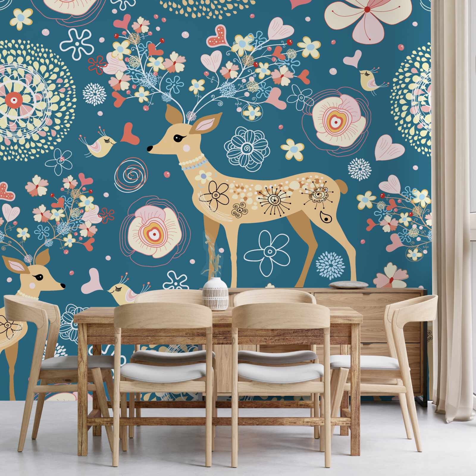 Fototapeta ptaki i jelenie otoczone kwiatami