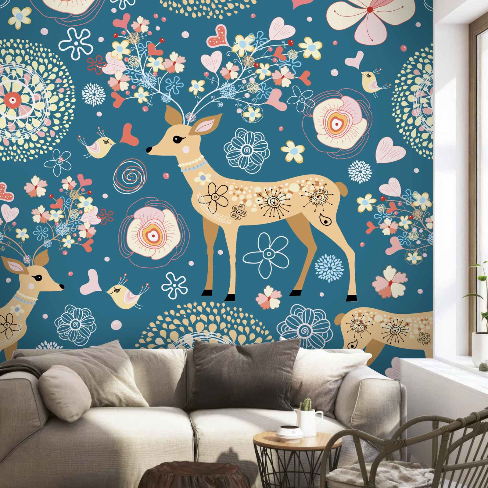 Fototapeta ptaki i jelenie otoczone kwiatami