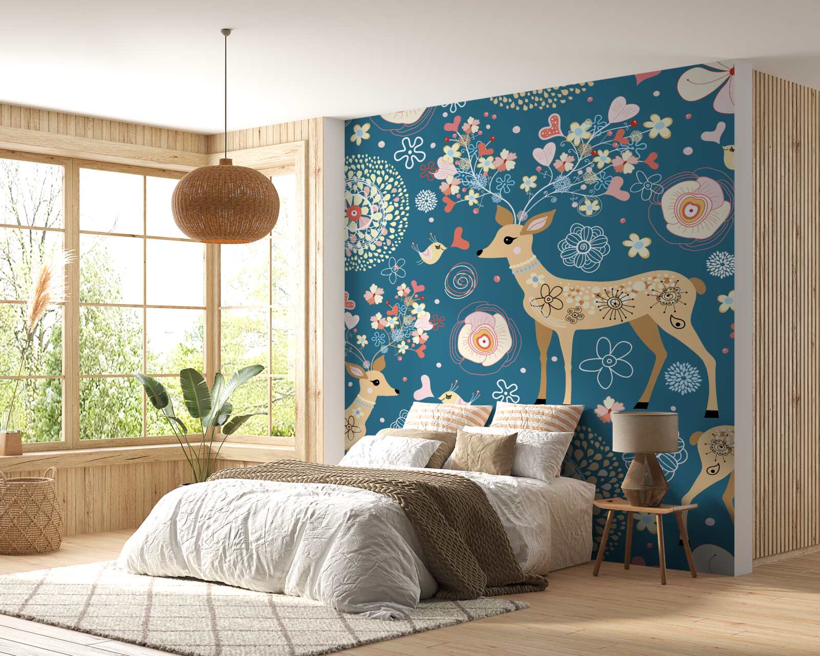 Fototapeta ptaki i jelenie otoczone kwiatami