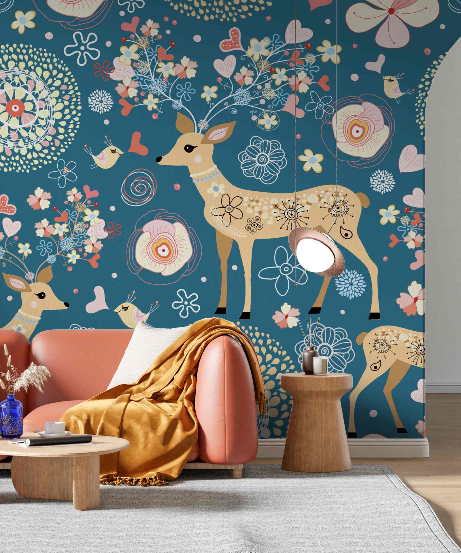 Fototapeta ptaki i jelenie otoczone kwiatami