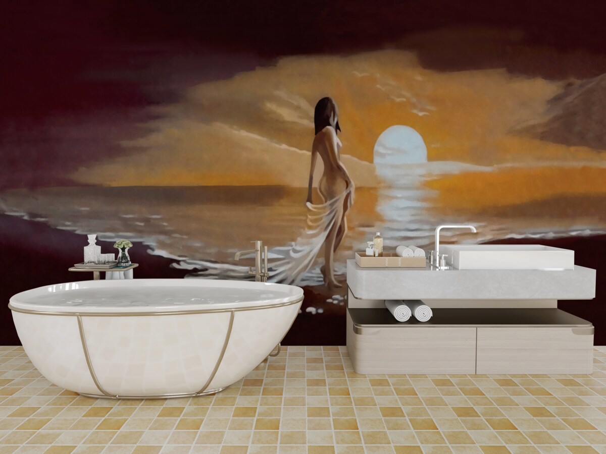 Fototapeta dziewczyna ogląda zachód słońca nad brzegiem morza