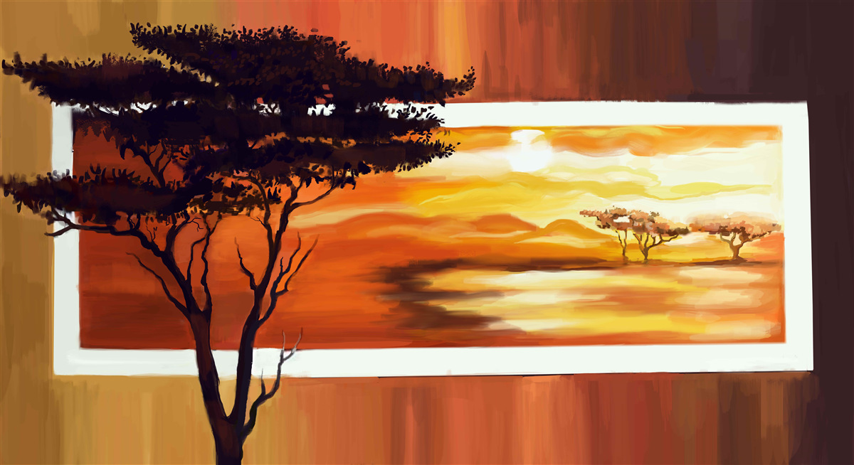 Fototapeta jezioro o zachodzie słońca z bonsai