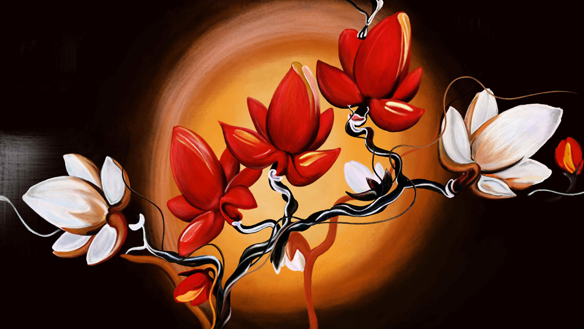 Fototapeta pień magnolii, pomalowany w odcieniach bieli i czerwieni