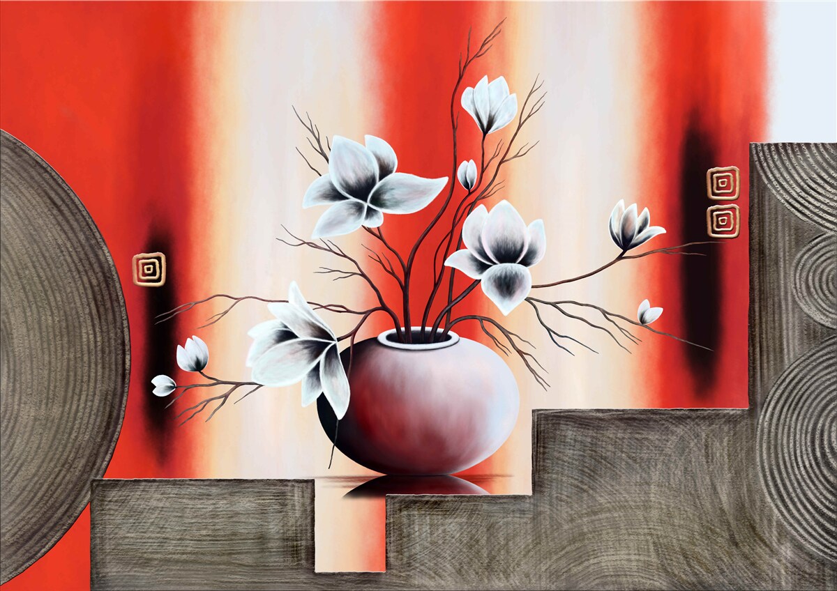 Fototapeta czerwony wazon z delikatnymi białymi kwiatami