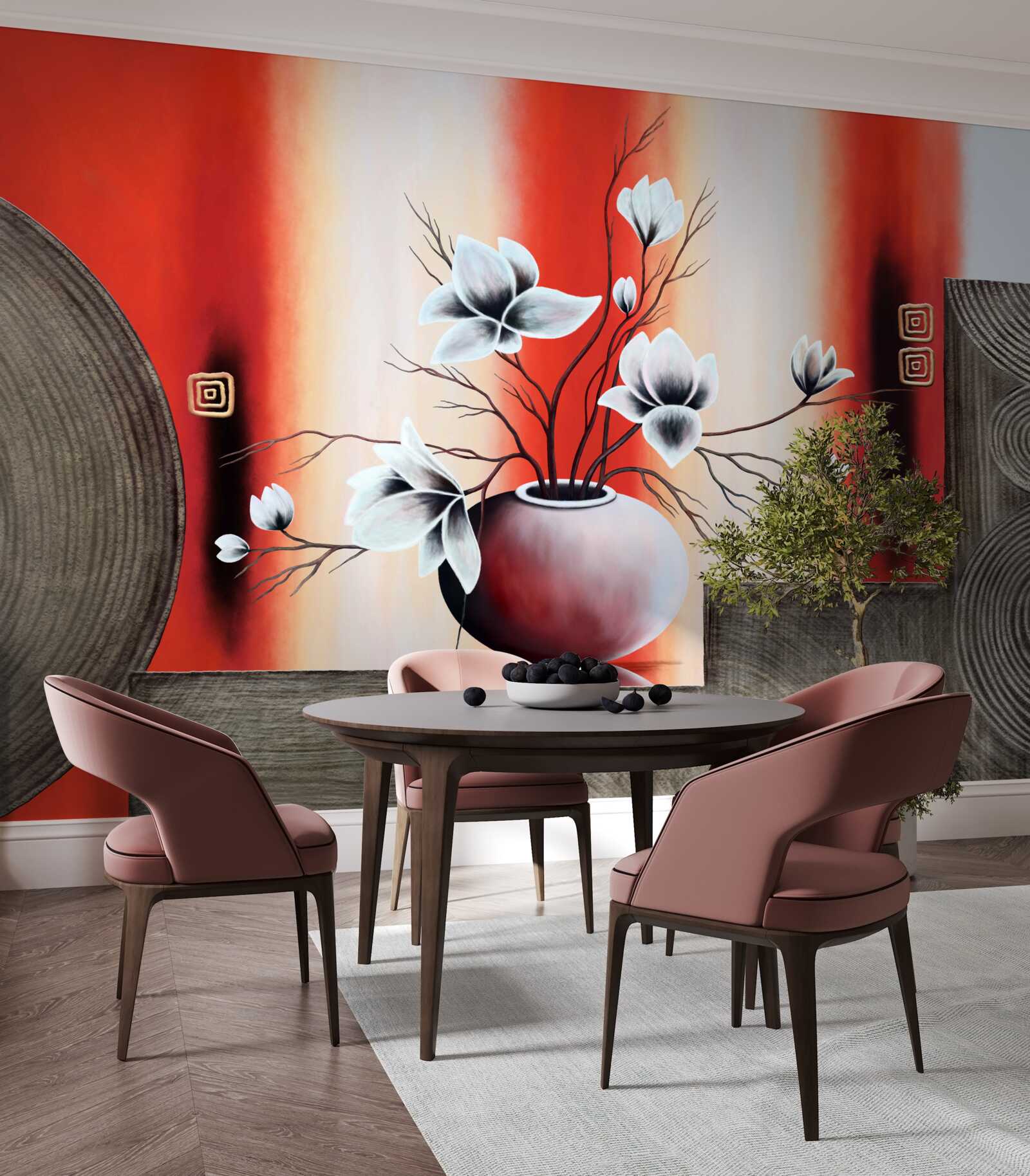 Fototapeta czerwony wazon z delikatnymi białymi kwiatami