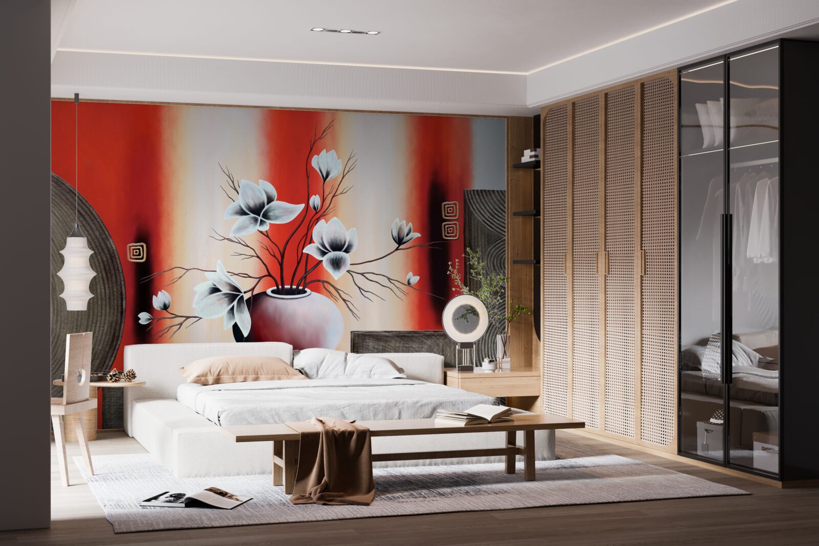 Fototapeta czerwony wazon z delikatnymi białymi kwiatami