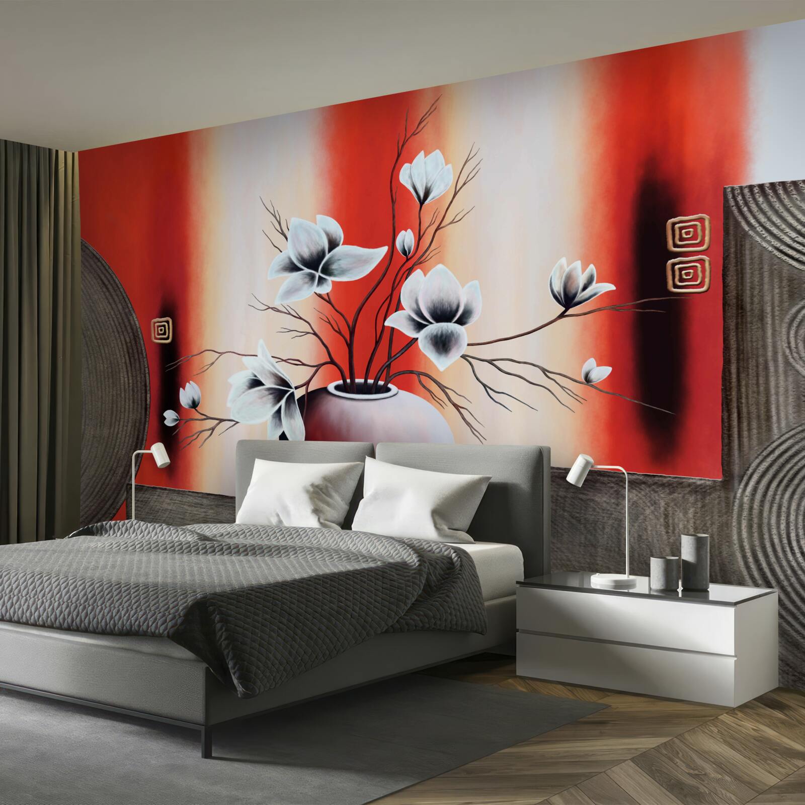 Fototapeta czerwony wazon z delikatnymi białymi kwiatami