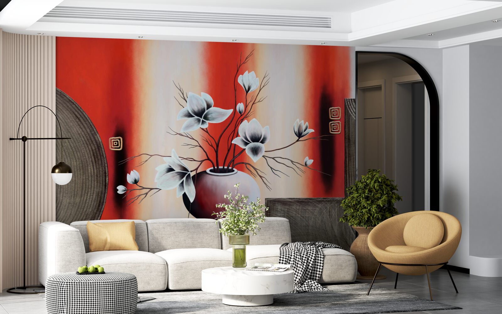 Fototapeta czerwony wazon z delikatnymi białymi kwiatami