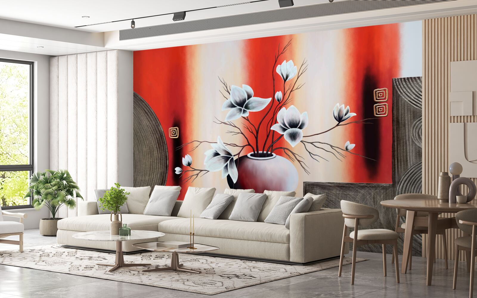 Fototapeta czerwony wazon z delikatnymi białymi kwiatami