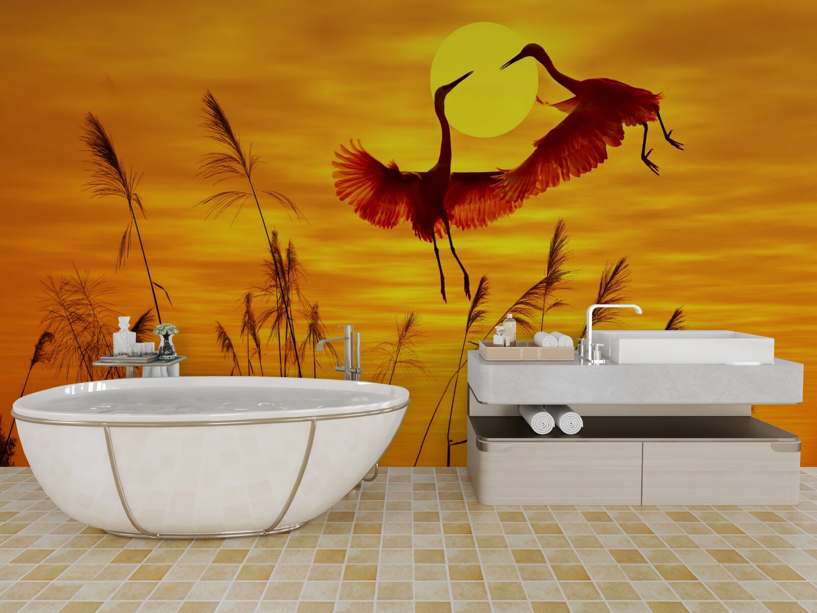 Fototapeta zachodowi słońca towarzyszy stado żurawi