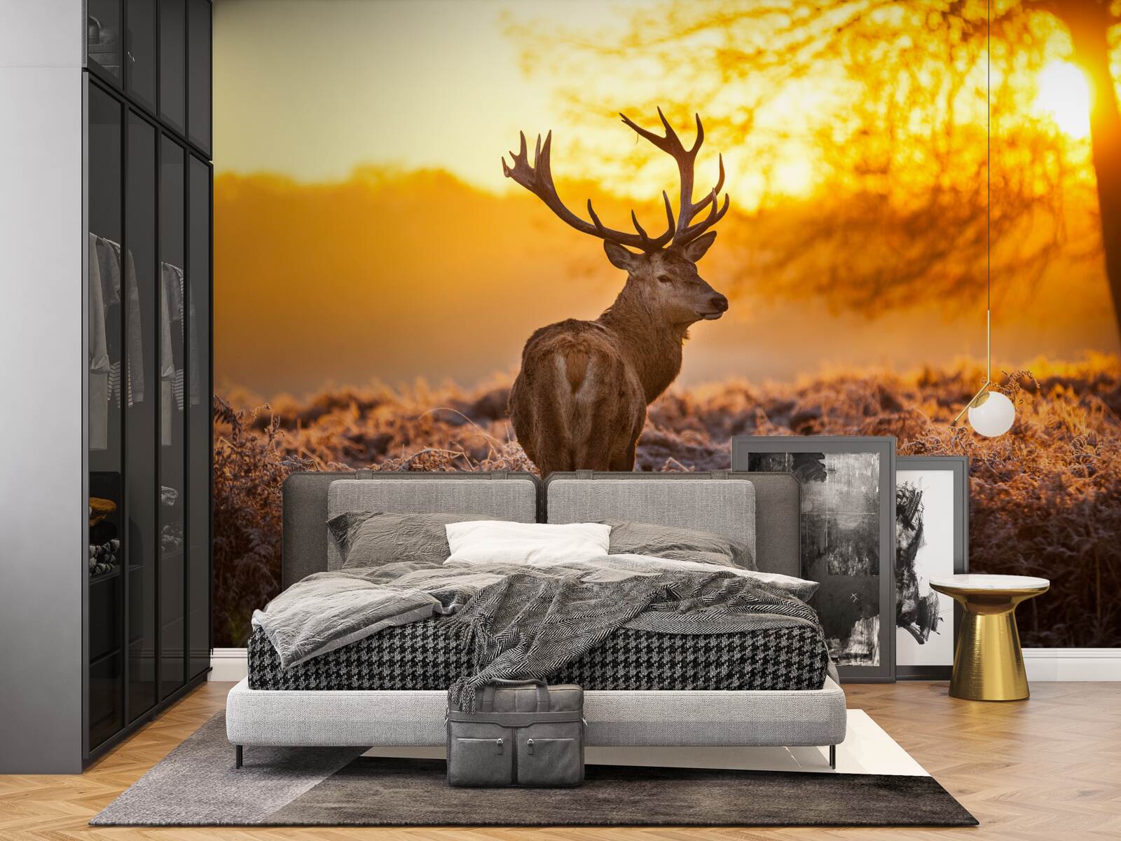 Fototapeta elegancki jeleń towarzyszy świcie na rozległym polu