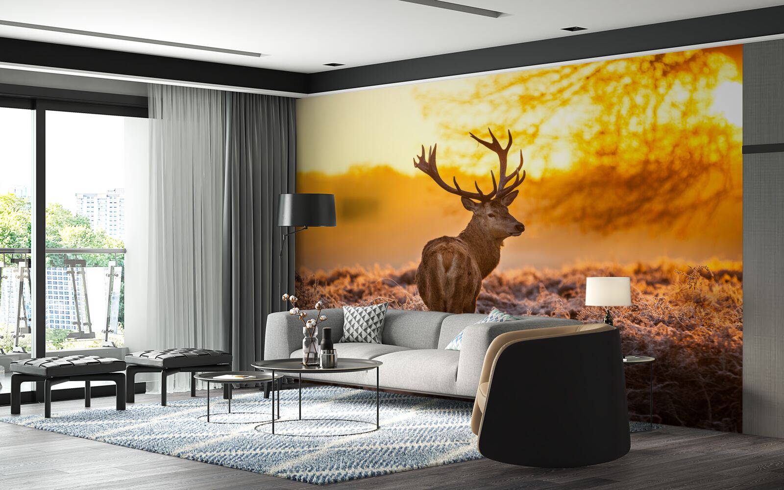 Fototapeta elegancki jeleń towarzyszy świcie na rozległym polu