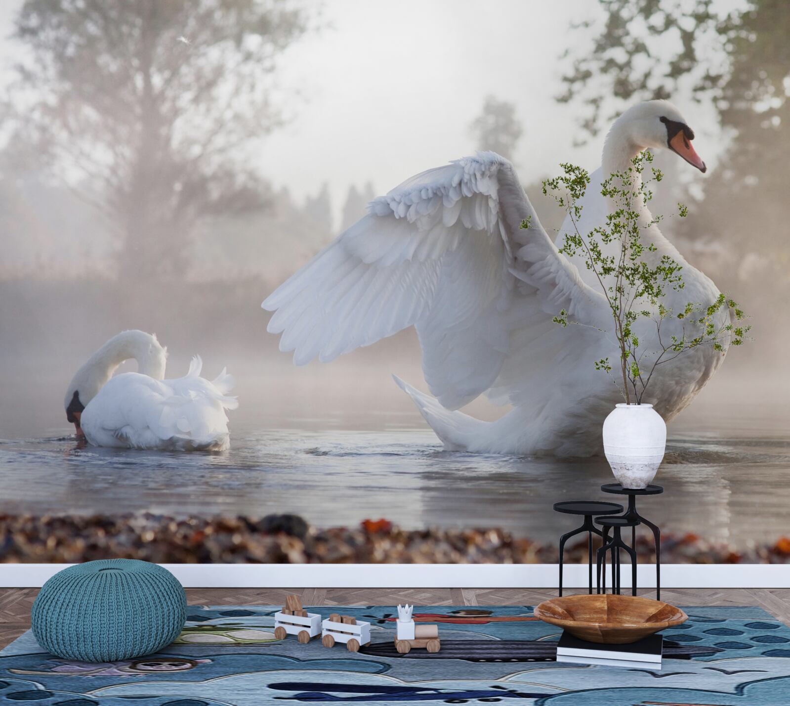 Fototapeta majestatyczny śnieżnobiały łabędź unoszący się na wodzie