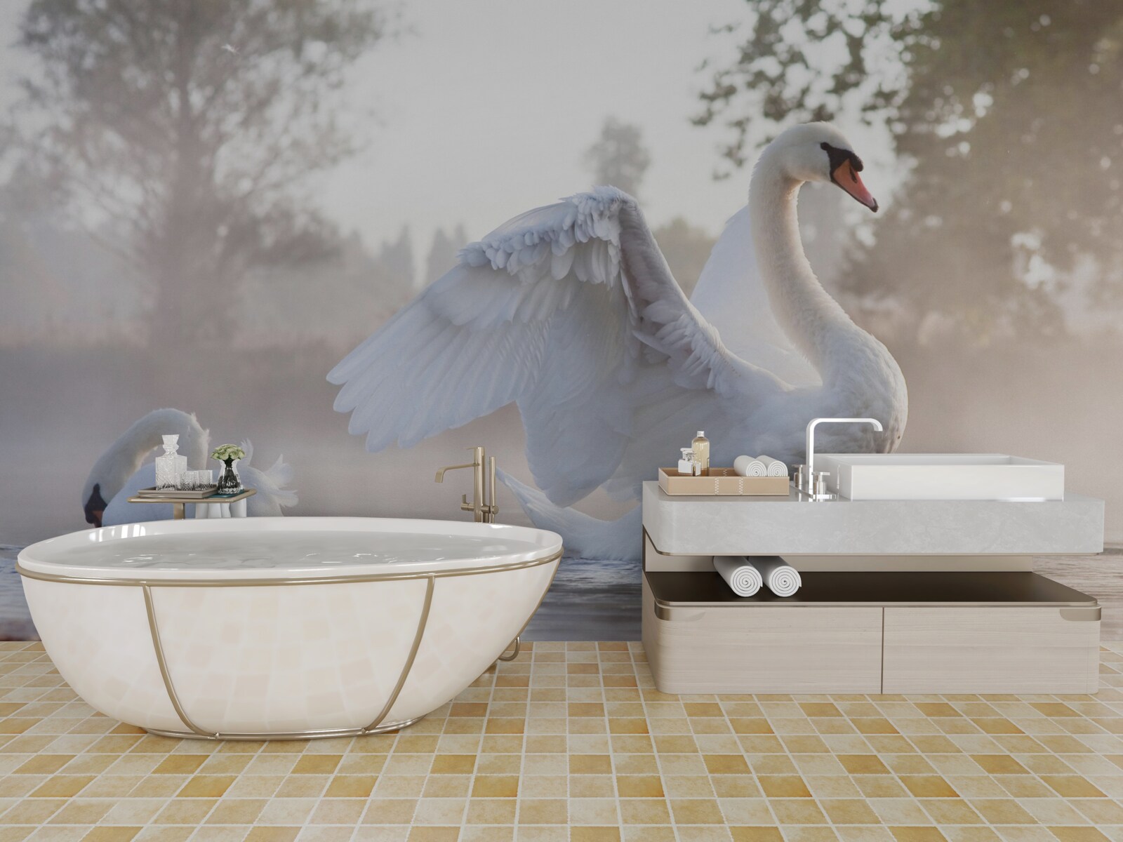 Fototapeta majestatyczny śnieżnobiały łabędź unoszący się na wodzie