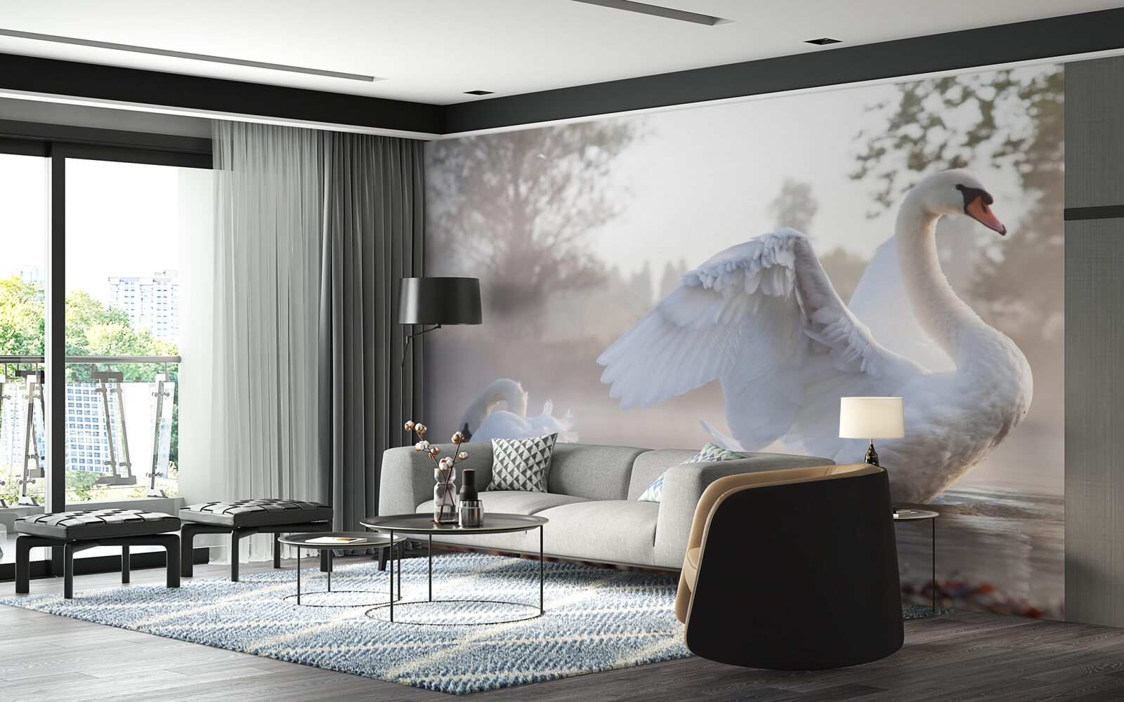 Fototapeta majestatyczny śnieżnobiały łabędź unoszący się na wodzie