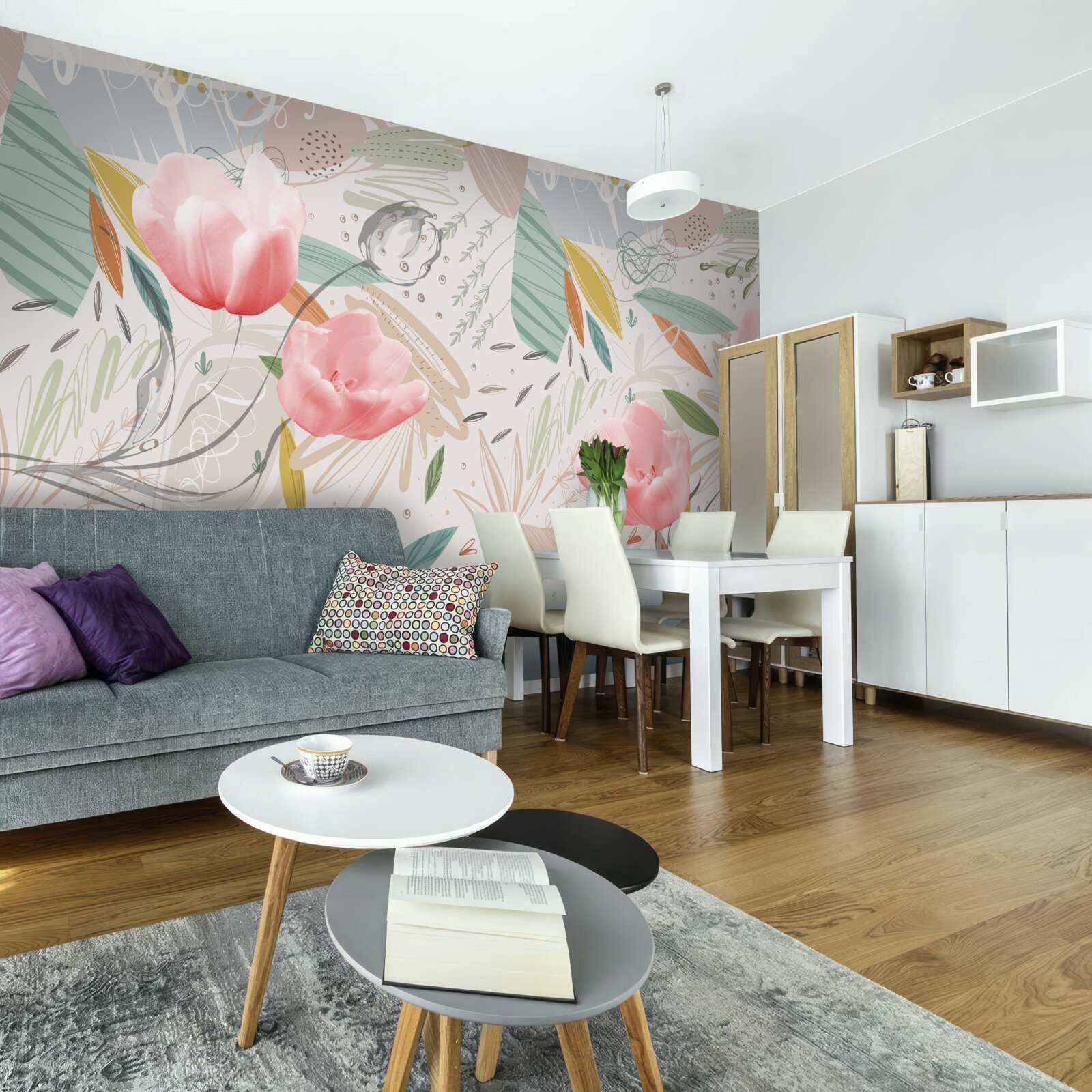 Fototapeta abstrakcyjne tło w stylu z różowymi tulipanami