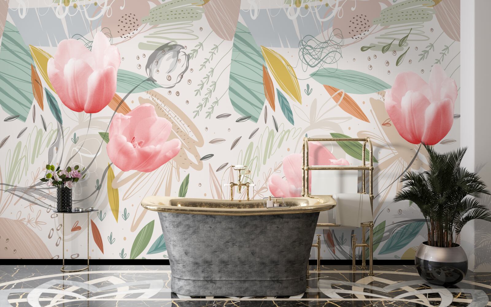 Fototapeta abstrakcyjne tło w stylu z różowymi tulipanami