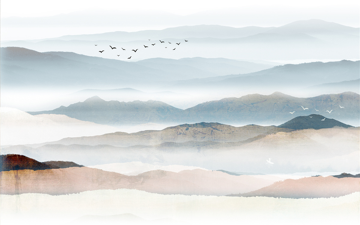 Fototapeta ptaki przelatują nad lasem spowitym poranną mgłą