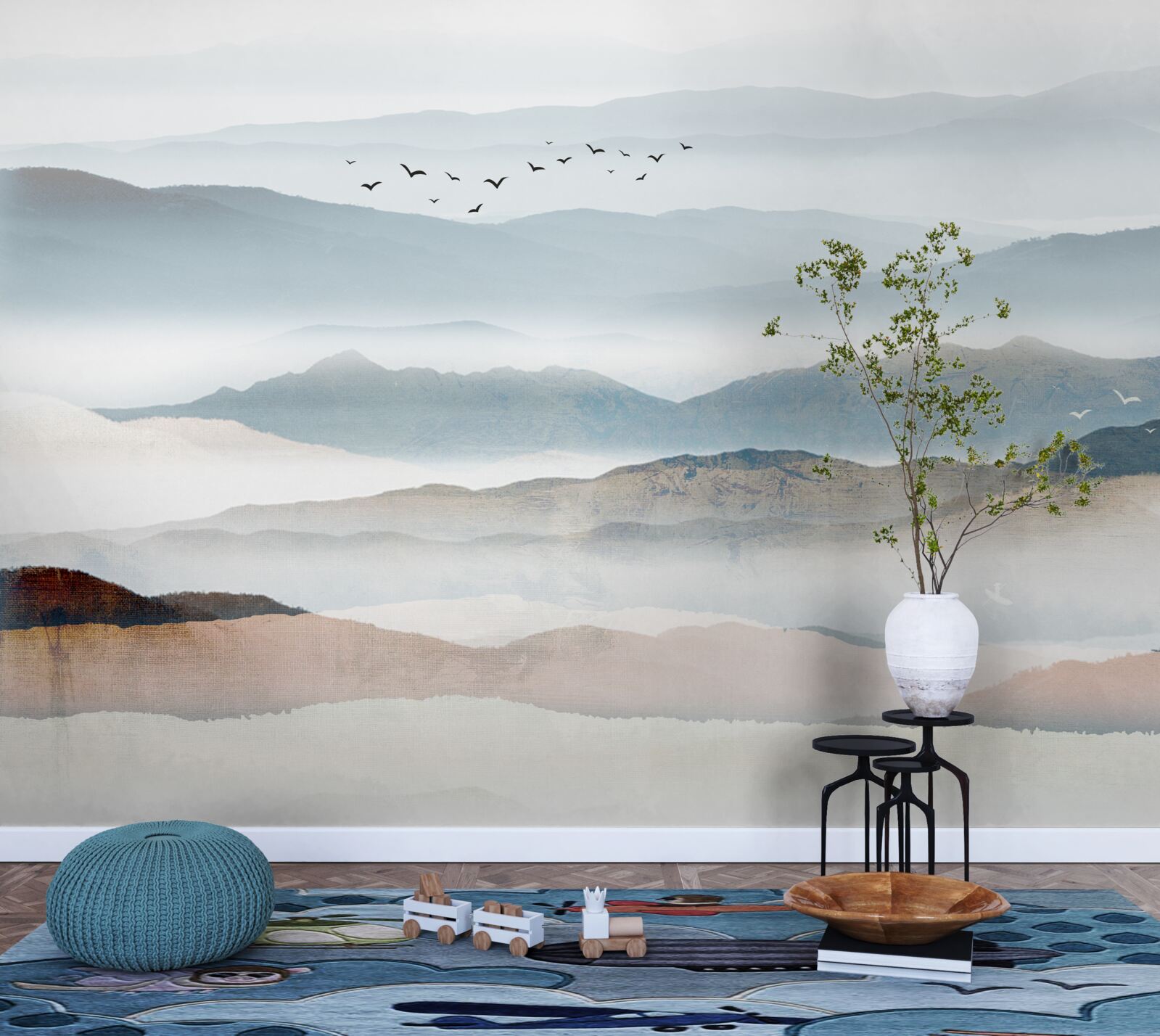 Fototapeta ptaki przelatują nad lasem spowitym poranną mgłą