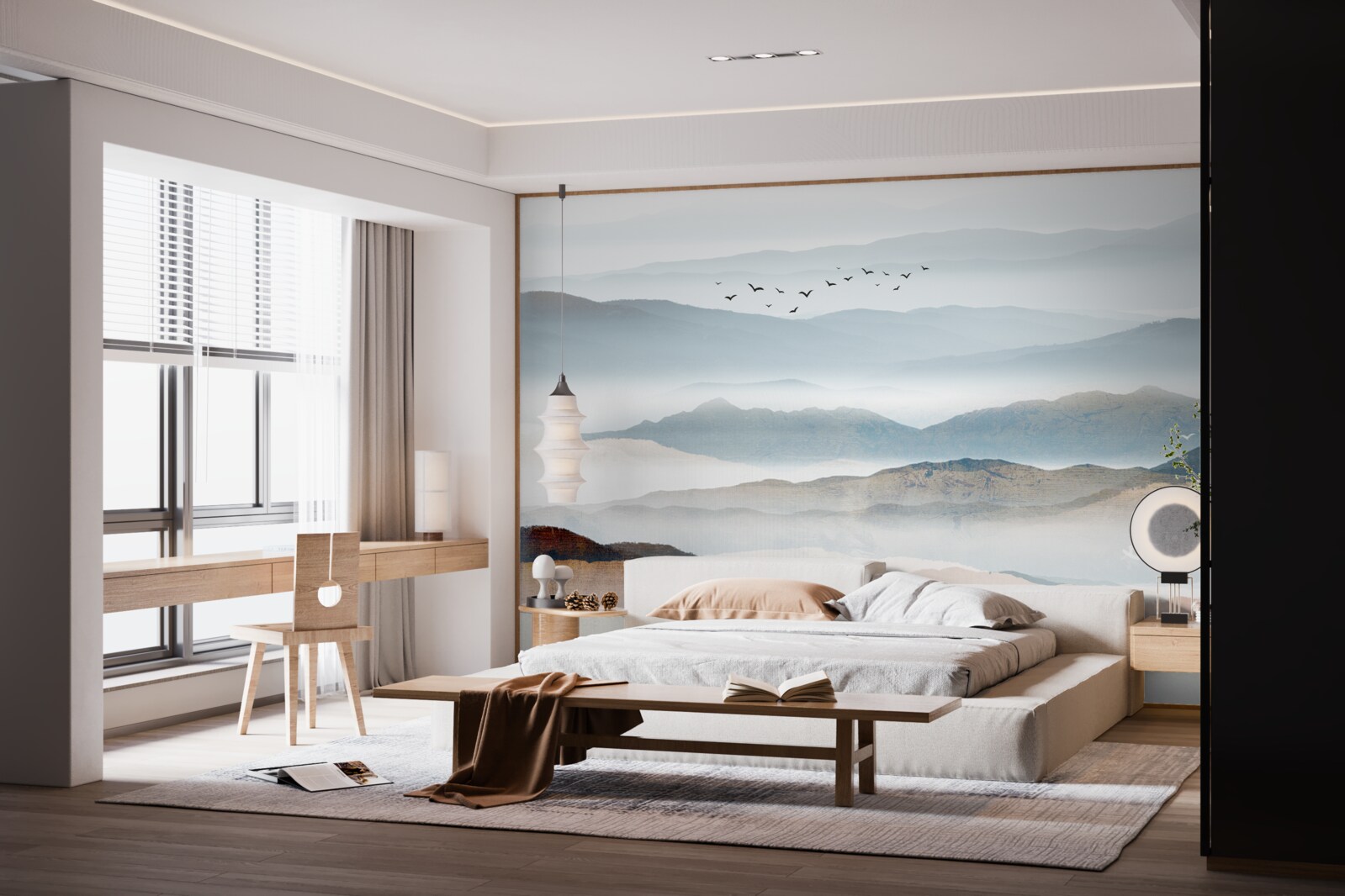 Fototapeta ptaki przelatują nad lasem spowitym poranną mgłą