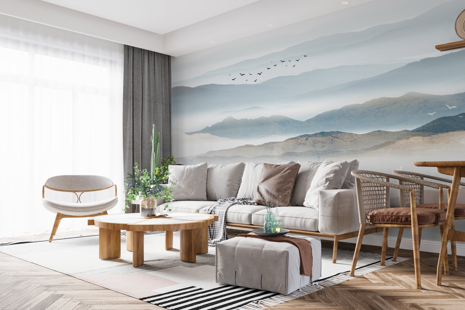 Fototapeta ptaki przelatują nad lasem spowitym poranną mgłą