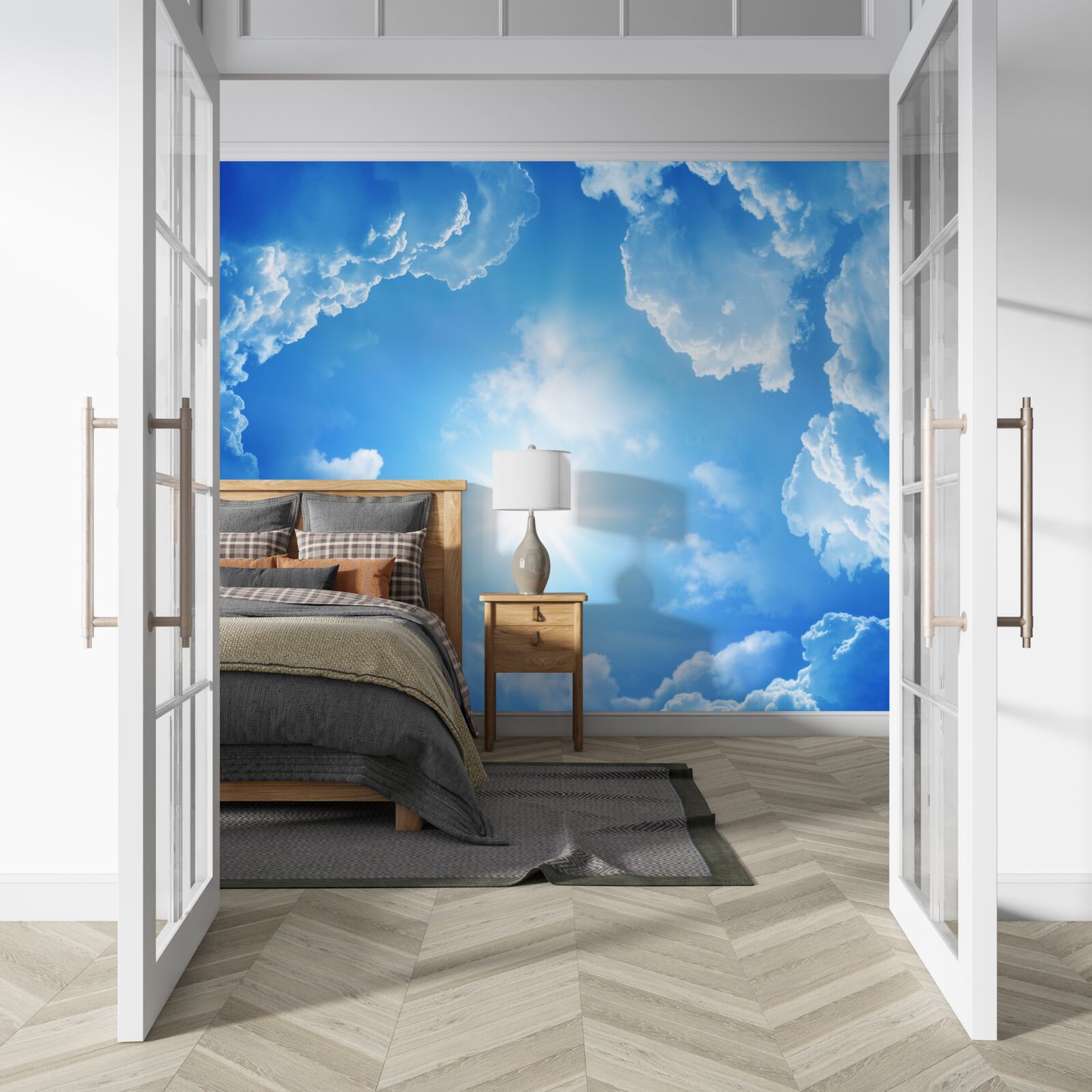 Fototapeta Świecące słońce znajduje się w samym środku lazurowego nieba