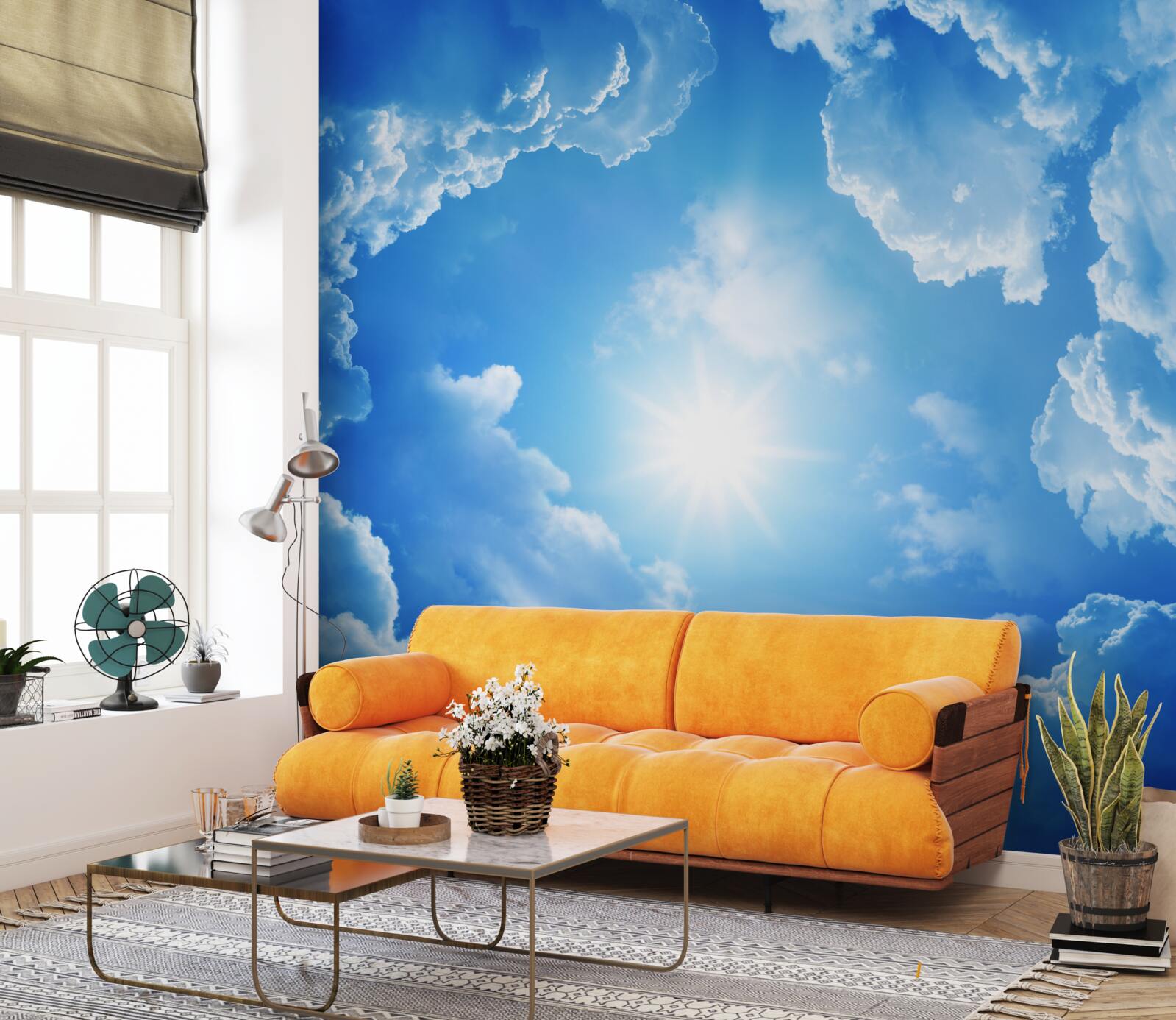 Fototapeta Świecące słońce znajduje się w samym środku lazurowego nieba