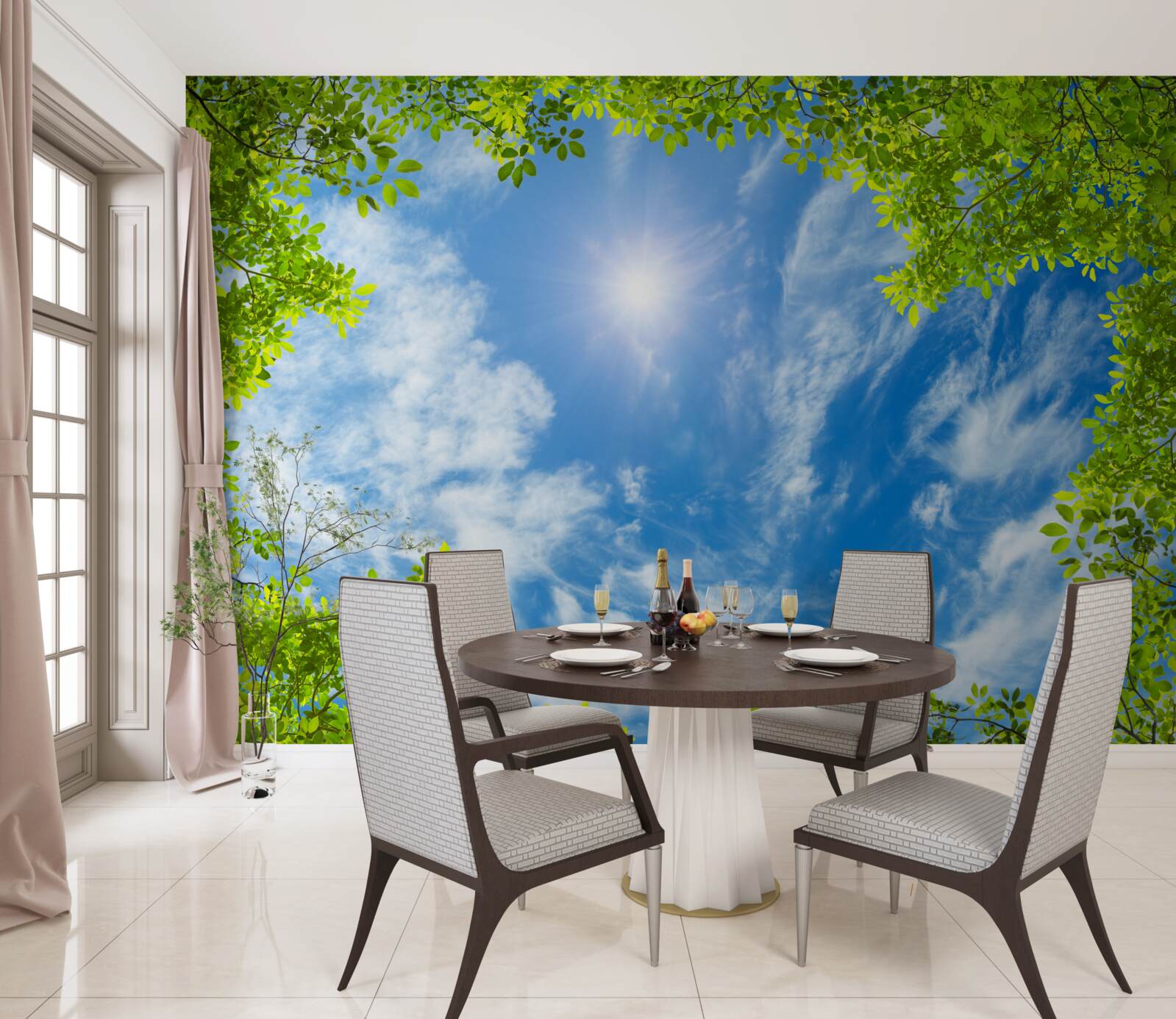 Fototapeta zieleń, w której pogrzebane jest słońce i błękit nieba