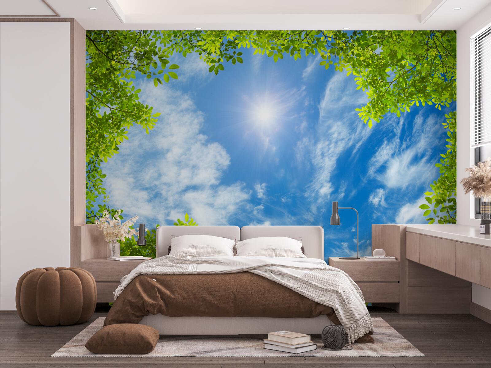 Fototapeta zieleń, w której pogrzebane jest słońce i błękit nieba