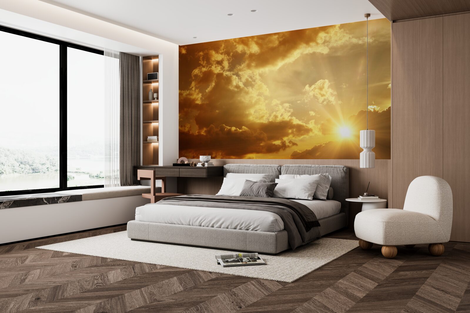 Fototapeta promienie słoneczne przebijające się przez chmury o zachodzie słońca emitują ciepło