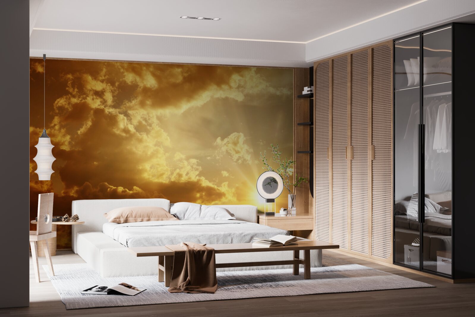 Fototapeta promienie słoneczne przebijające się przez chmury o zachodzie słońca emitują ciepło