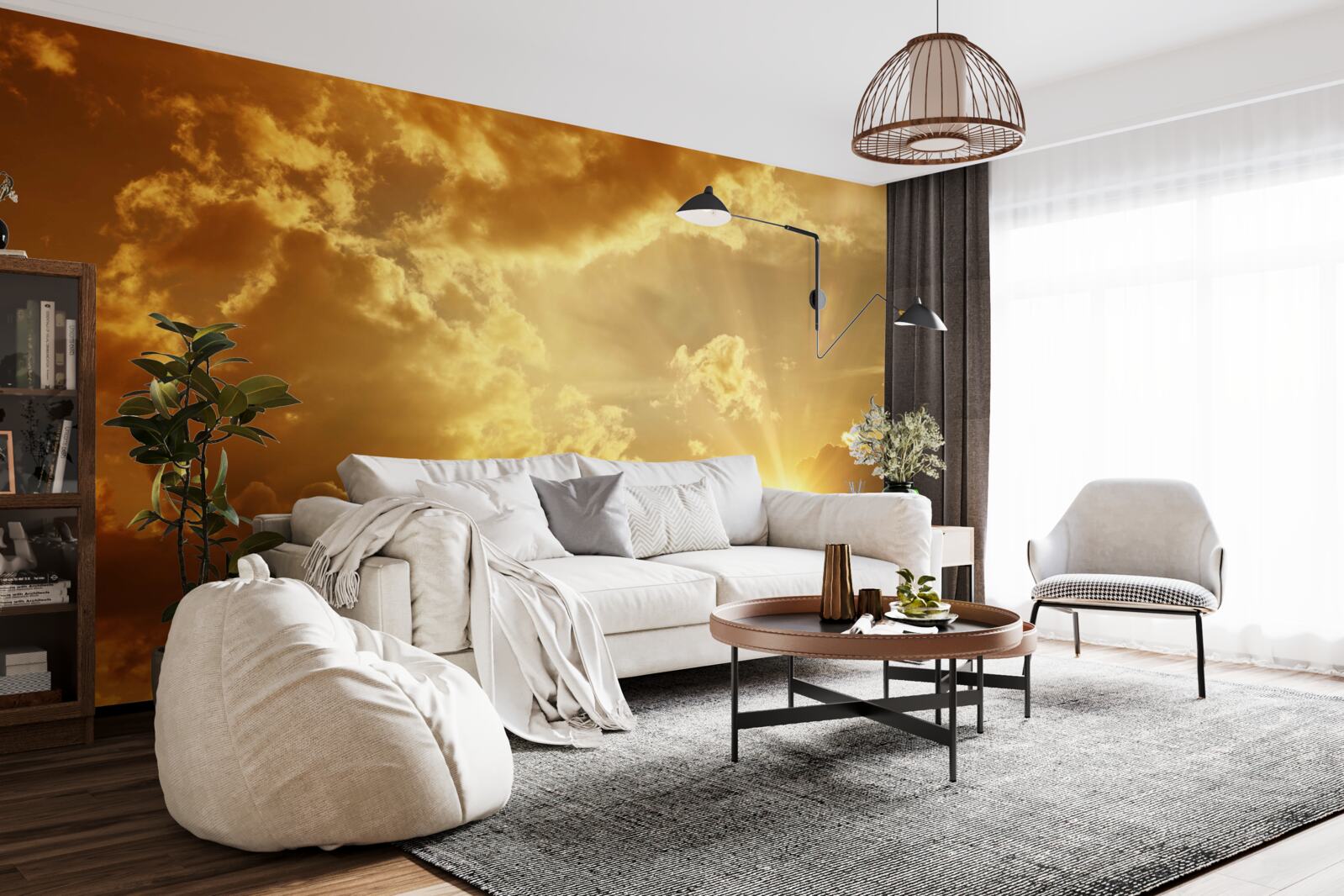 Fototapeta promienie słoneczne przebijające się przez chmury o zachodzie słońca emitują ciepło