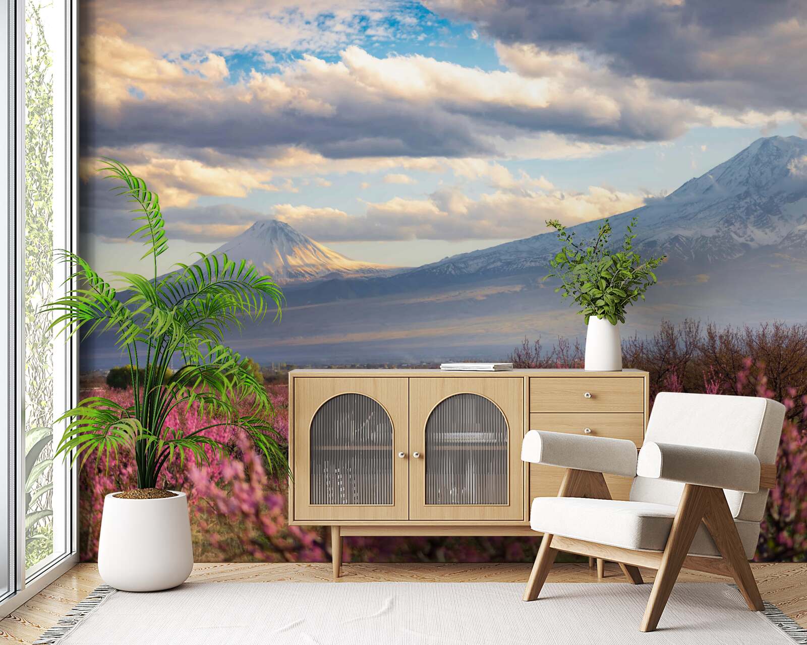 Fototapeta u podnóża gór dumnie kwitną wiśnie