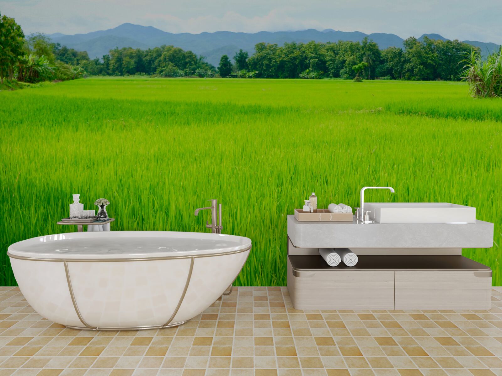 Fototapeta Łąka porośnięta zielenią w górach