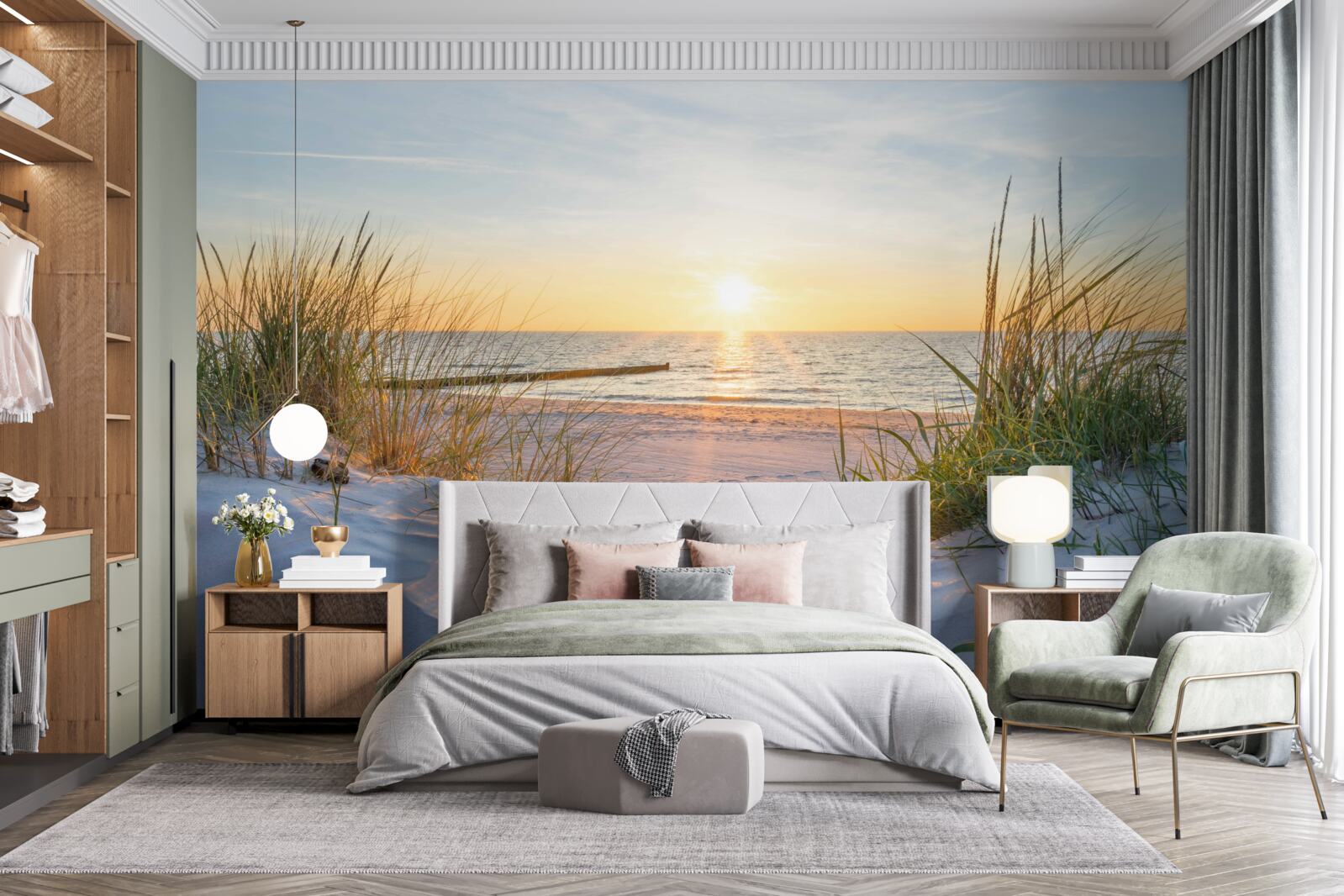 Fototapeta piaszczysta plaża ozdobiona jest zieloną trawą