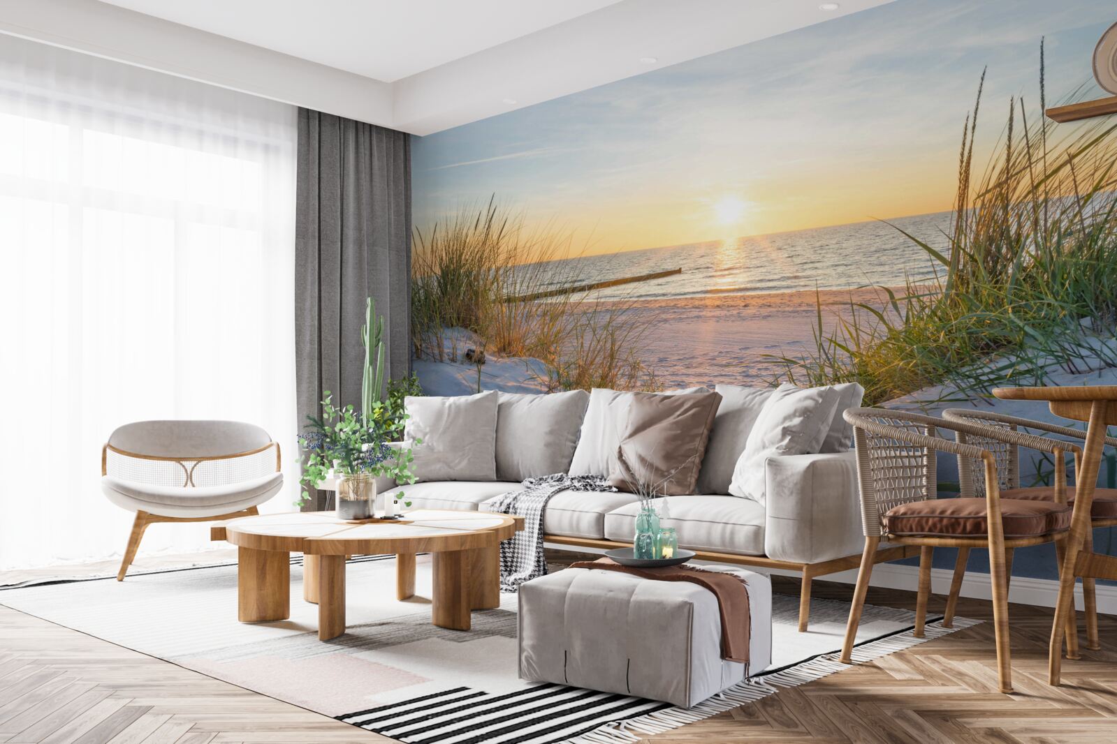 Fototapeta piaszczysta plaża ozdobiona jest zieloną trawą