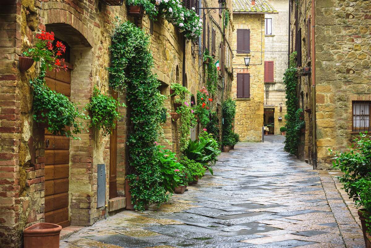 Fototapeta zabytkowa ulica otoczona zielenią